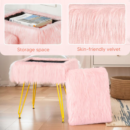 Vanity Stool Chair with Storage, Soft Ottoman Seat Vanity Chair with Anti-Slip Feet, Fluffy Padded Seat Multifunctional Footrest Side Table with 4 Metal Legs for Makeup, Bedroom, Dorm, Pink
