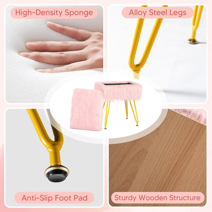 Vanity Stool Chair with Storage, Soft Ottoman Seat Vanity Chair with Anti-Slip Feet, Fluffy Padded Seat Multifunctional Footrest Side Table with 4 Metal Legs for Makeup, Bedroom, Dorm, Pink