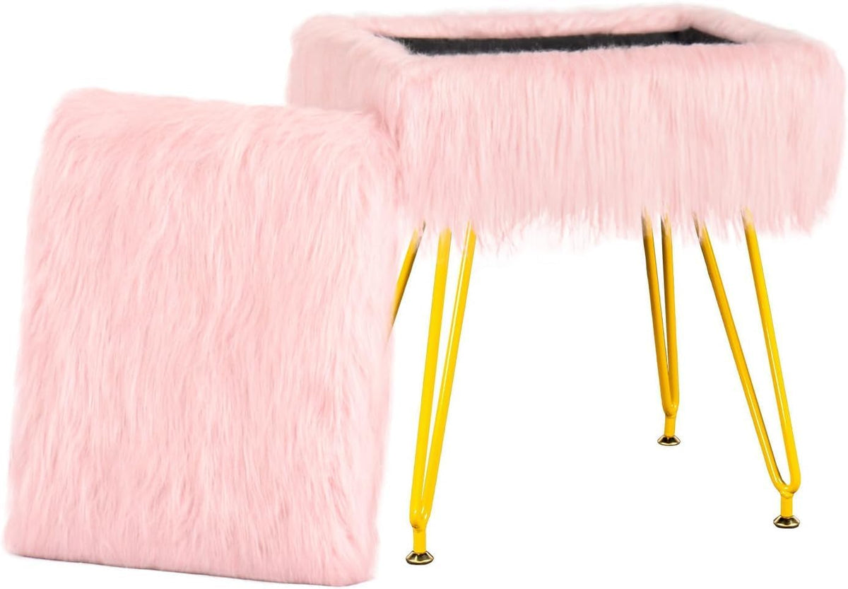 Vanity Stool Chair with Storage, Soft Ottoman Seat Vanity Chair with Anti-Slip Feet, Fluffy Padded Seat Multifunctional Footrest Side Table with 4 Metal Legs for Makeup, Bedroom, Dorm, Pink