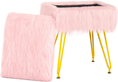 Vanity Stool Chair with Storage, Soft Ottoman Seat Vanity Chair with Anti-Slip Feet, Fluffy Padded Seat Multifunctional Footrest Side Table with 4 Metal Legs for Makeup, Bedroom, Dorm, Pink