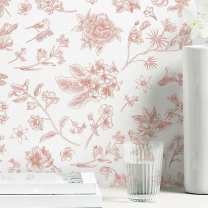393"x17.3" Pink Peel and Stick Wallpaper Floral Birds Contact Paper Modern Boho Wall Paper Removable Wallpaper Vinyl Rolls
