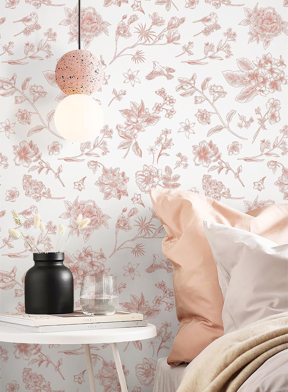 393"x17.3" Pink Peel and Stick Wallpaper Floral Birds Contact Paper Modern Boho Wall Paper Removable Wallpaper Vinyl Rolls