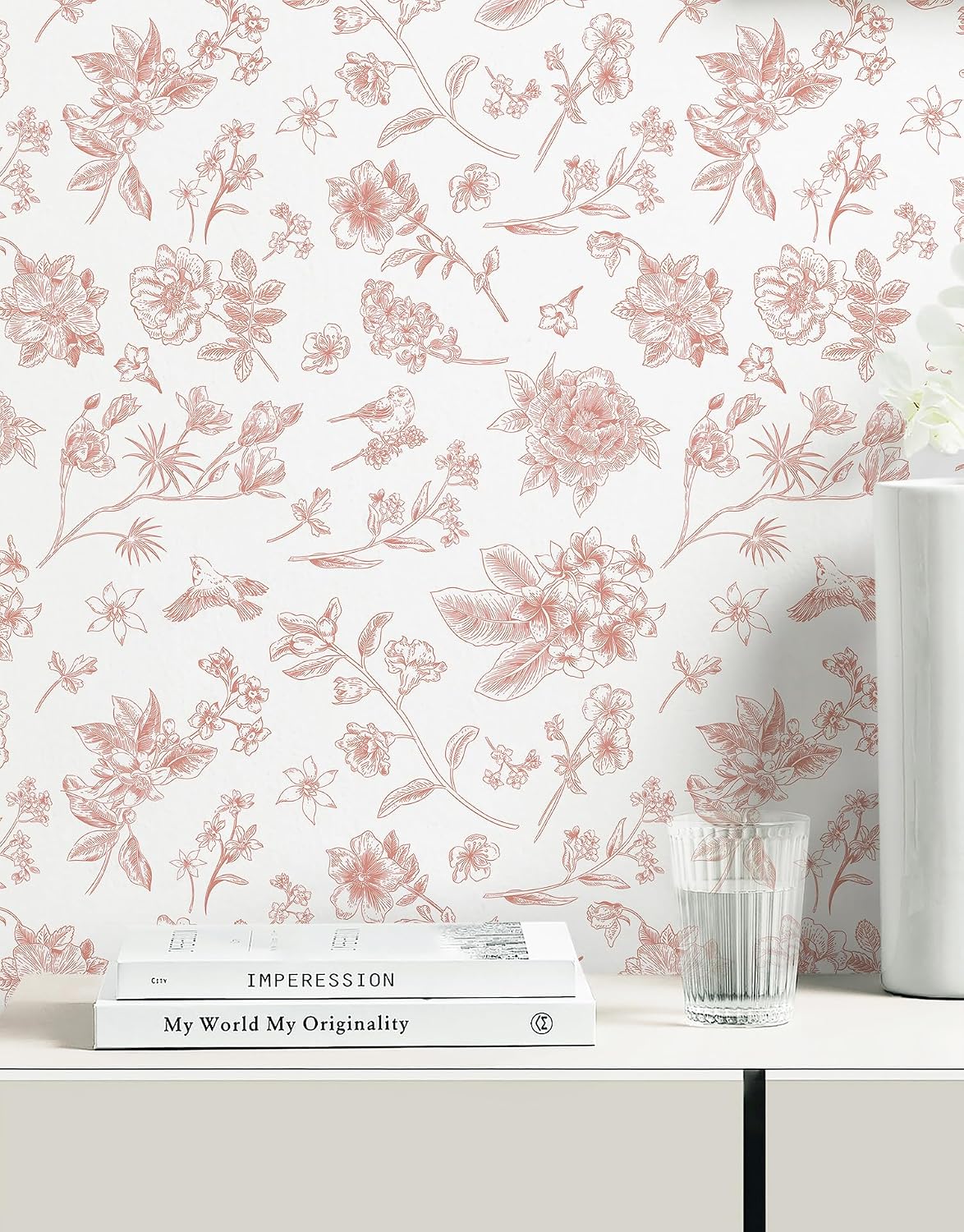 393"x17.3" Pink Peel and Stick Wallpaper Floral Birds Contact Paper Modern Boho Wall Paper Removable Wallpaper Vinyl Rolls