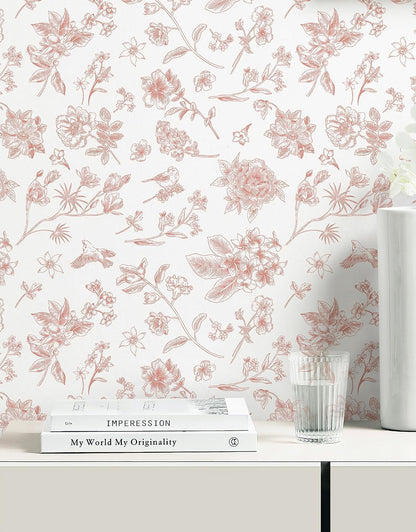 393"x17.3" Pink Peel and Stick Wallpaper Floral Birds Contact Paper Modern Boho Wall Paper Removable Wallpaper Vinyl Rolls