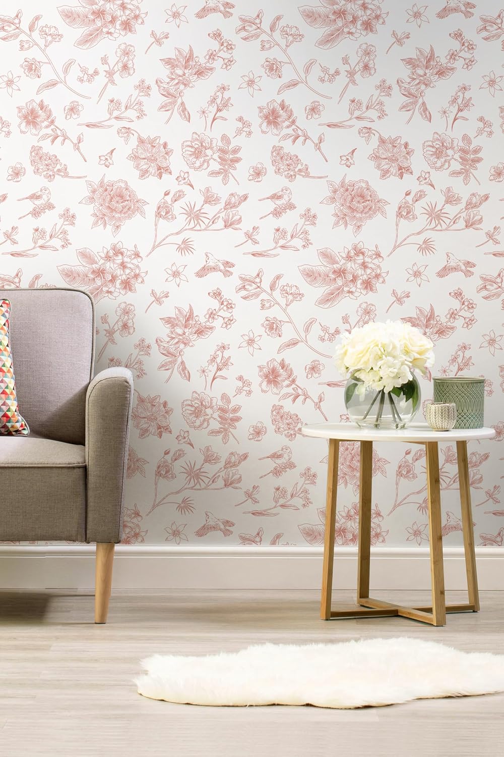 393"x17.3" Pink Peel and Stick Wallpaper Floral Birds Contact Paper Modern Boho Wall Paper Removable Wallpaper Vinyl Rolls