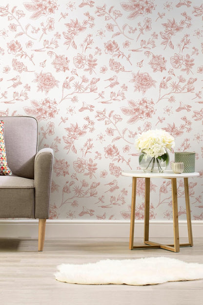 393"x17.3" Pink Peel and Stick Wallpaper Floral Birds Contact Paper Modern Boho Wall Paper Removable Wallpaper Vinyl Rolls