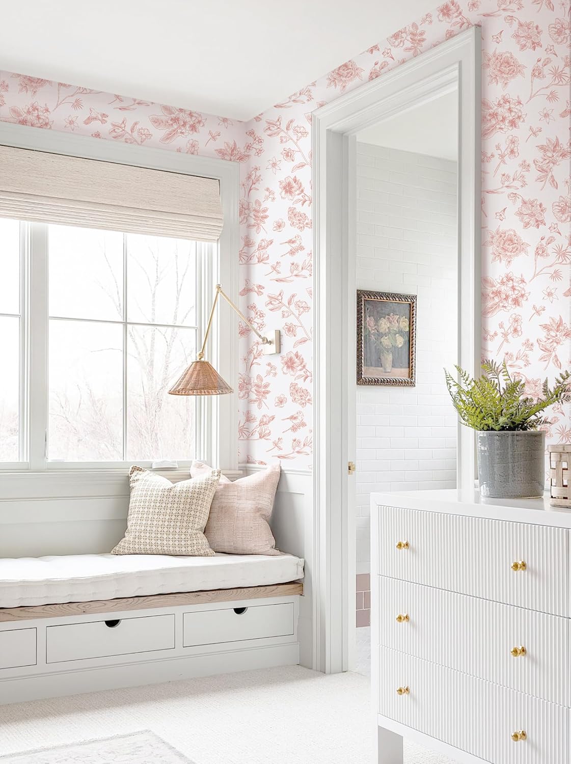 393"x17.3" Pink Peel and Stick Wallpaper Floral Birds Contact Paper Modern Boho Wall Paper Removable Wallpaper Vinyl Rolls