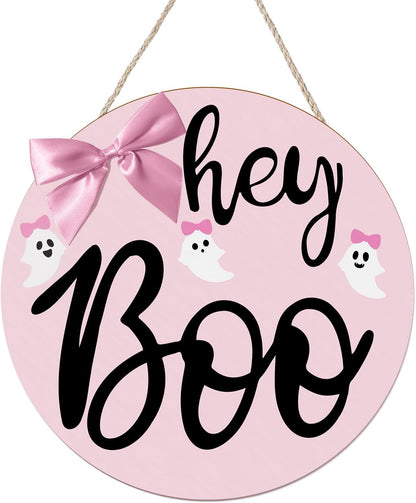 Pink Halloween Decor Hanging Door Porch Wooden Hey Boo Sign Decorations