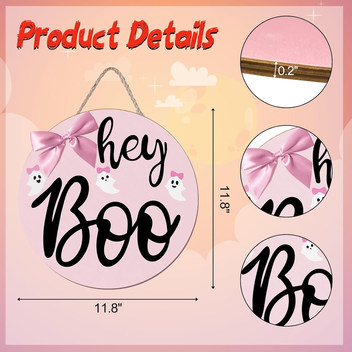 Pink Halloween Decor Hanging Door Porch Wooden Hey Boo Sign Decorations
