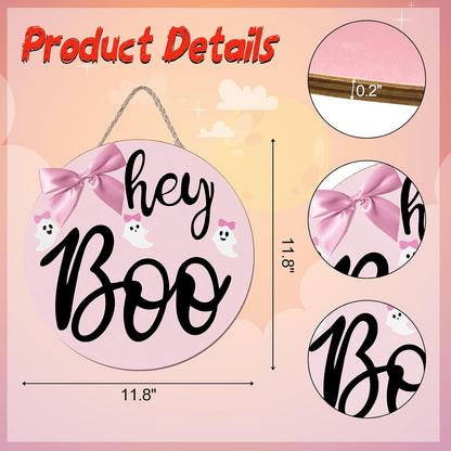 Pink Halloween Decor Hanging Door Porch Wooden Hey Boo Sign Decorations