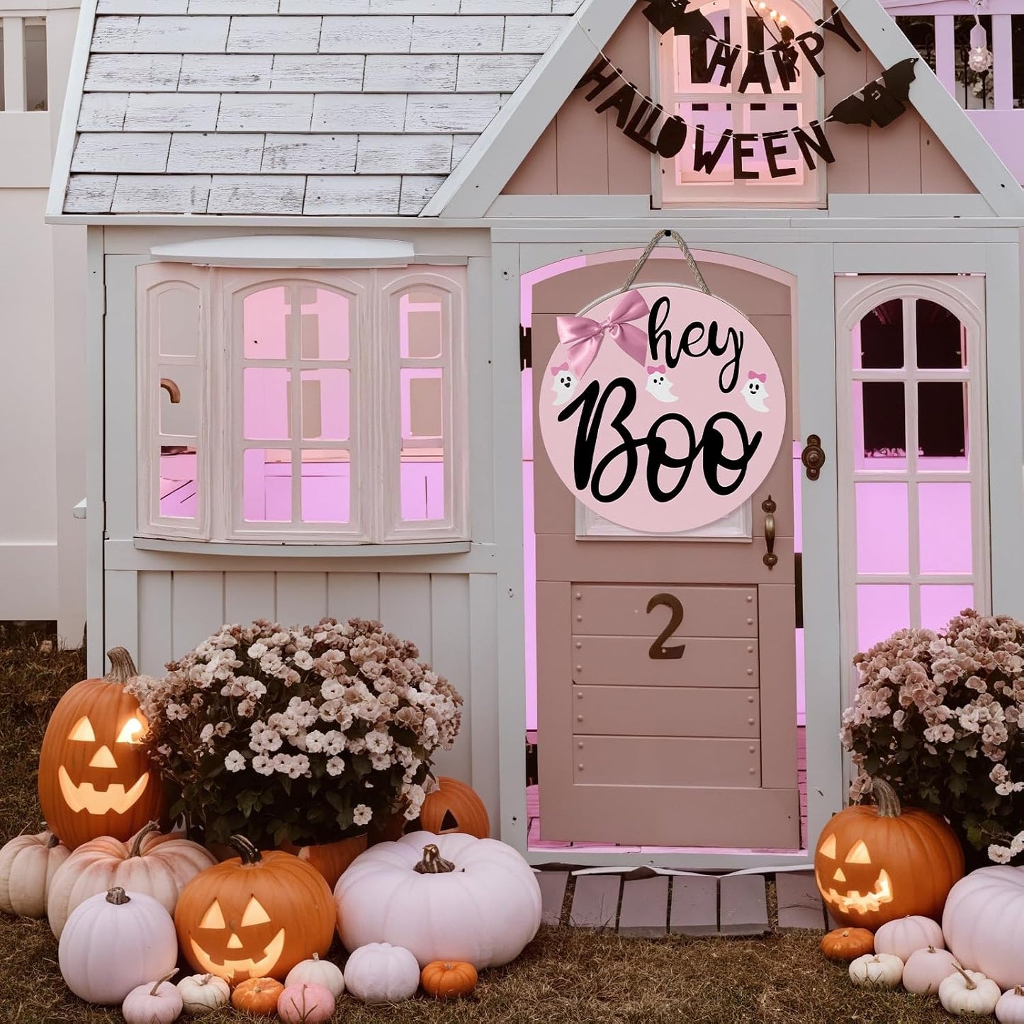 Pink Halloween Decor Hanging Door Porch Wooden Hey Boo Sign Decorations