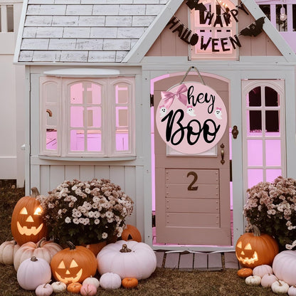 Pink Halloween Decor Hanging Door Porch Wooden Hey Boo Sign Decorations