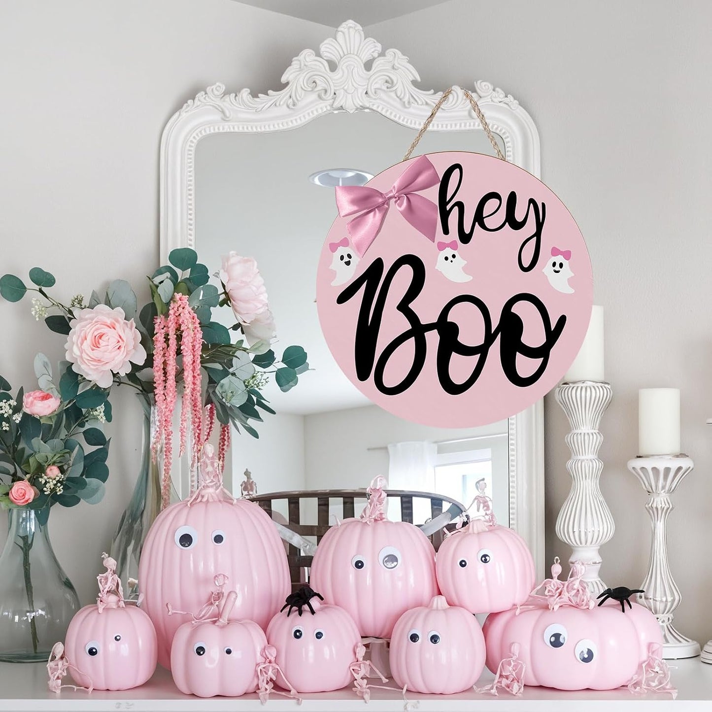 Pink Halloween Decor Hanging Door Porch Wooden Hey Boo Sign Decorations