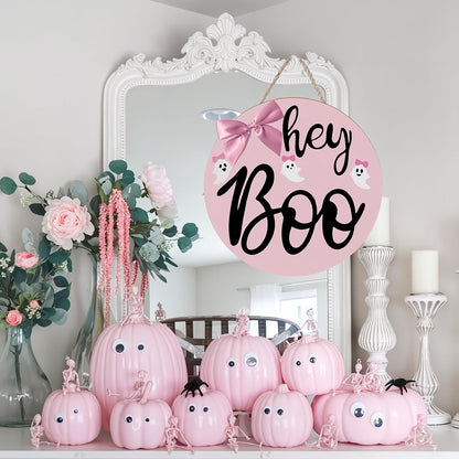 Pink Halloween Decor Hanging Door Porch Wooden Hey Boo Sign Decorations
