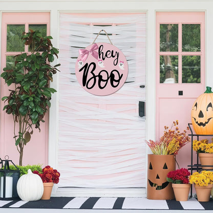 Pink Halloween Decor Hanging Door Porch Wooden Hey Boo Sign Decorations
