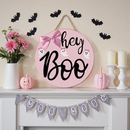 Pink Halloween Decor Hanging Door Porch Wooden Hey Boo Sign Decorations