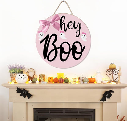 Pink Halloween Decor Hanging Door Porch Wooden Hey Boo Sign Decorations