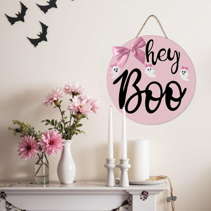 Pink Halloween Decor Hanging Door Porch Wooden Hey Boo Sign Decorations