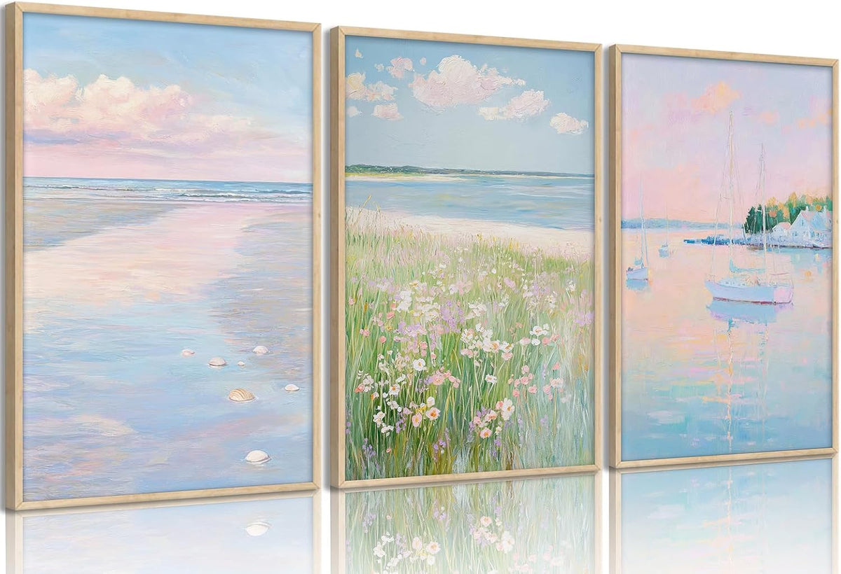 3Pcs Pink Beach Wall Art Pastel Coastal Canvas Wall Decor White sailboat Pictures Preppy Summer Beachy Posters Ocean Wildflowers Painting Print Artwork for Beach House Bedroom Dorm Apartment,Unframed