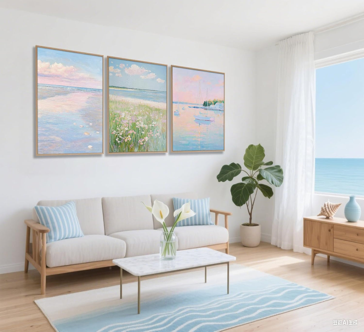 3Pcs Pink Beach Wall Art Pastel Coastal Canvas Wall Decor White sailboat Pictures Preppy Summer Beachy Posters Ocean Wildflowers Painting Print Artwork for Beach House Bedroom Dorm Apartment,Unframed