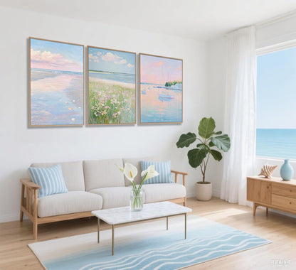 3Pcs Pink Beach Wall Art Pastel Coastal Canvas Wall Decor White sailboat Pictures Preppy Summer Beachy Posters Ocean Wildflowers Painting Print Artwork for Beach House Bedroom Dorm Apartment,Unframed