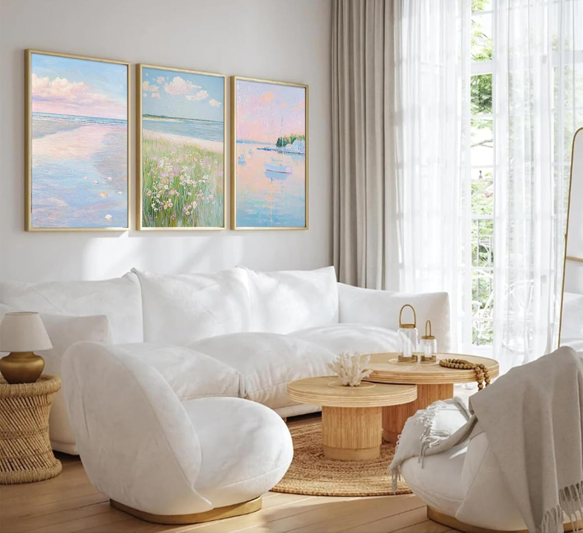 3Pcs Pink Beach Wall Art Pastel Coastal Canvas Wall Decor White sailboat Pictures Preppy Summer Beachy Posters Ocean Wildflowers Painting Print Artwork for Beach House Bedroom Dorm Apartment,Unframed
