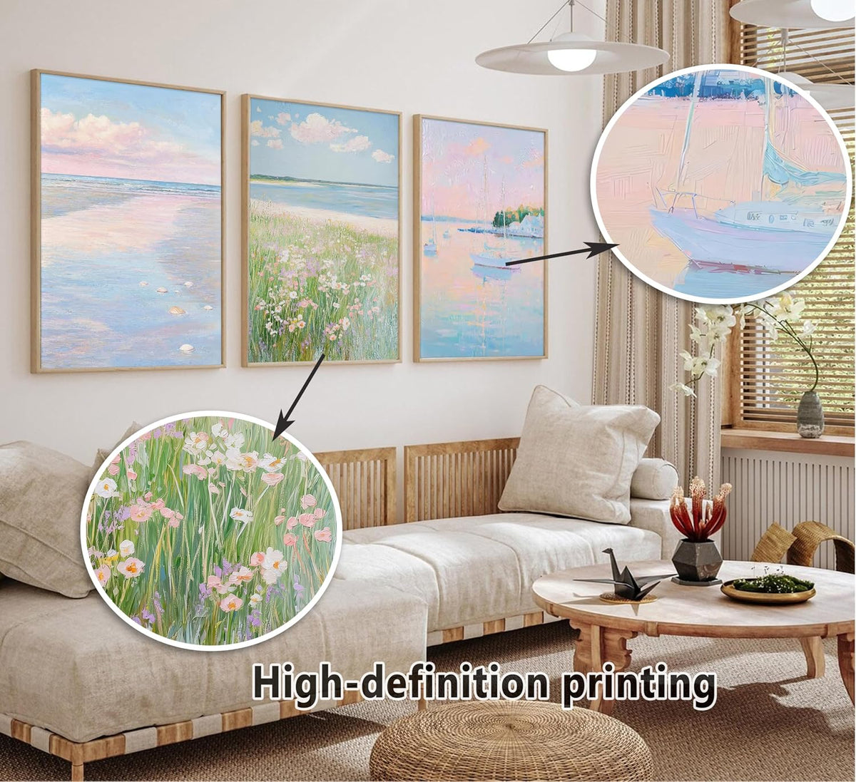3Pcs Pink Beach Wall Art Pastel Coastal Canvas Wall Decor White sailboat Pictures Preppy Summer Beachy Posters Ocean Wildflowers Painting Print Artwork for Beach House Bedroom Dorm Apartment,Unframed