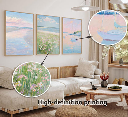 3Pcs Pink Beach Wall Art Pastel Coastal Canvas Wall Decor White sailboat Pictures Preppy Summer Beachy Posters Ocean Wildflowers Painting Print Artwork for Beach House Bedroom Dorm Apartment,Unframed