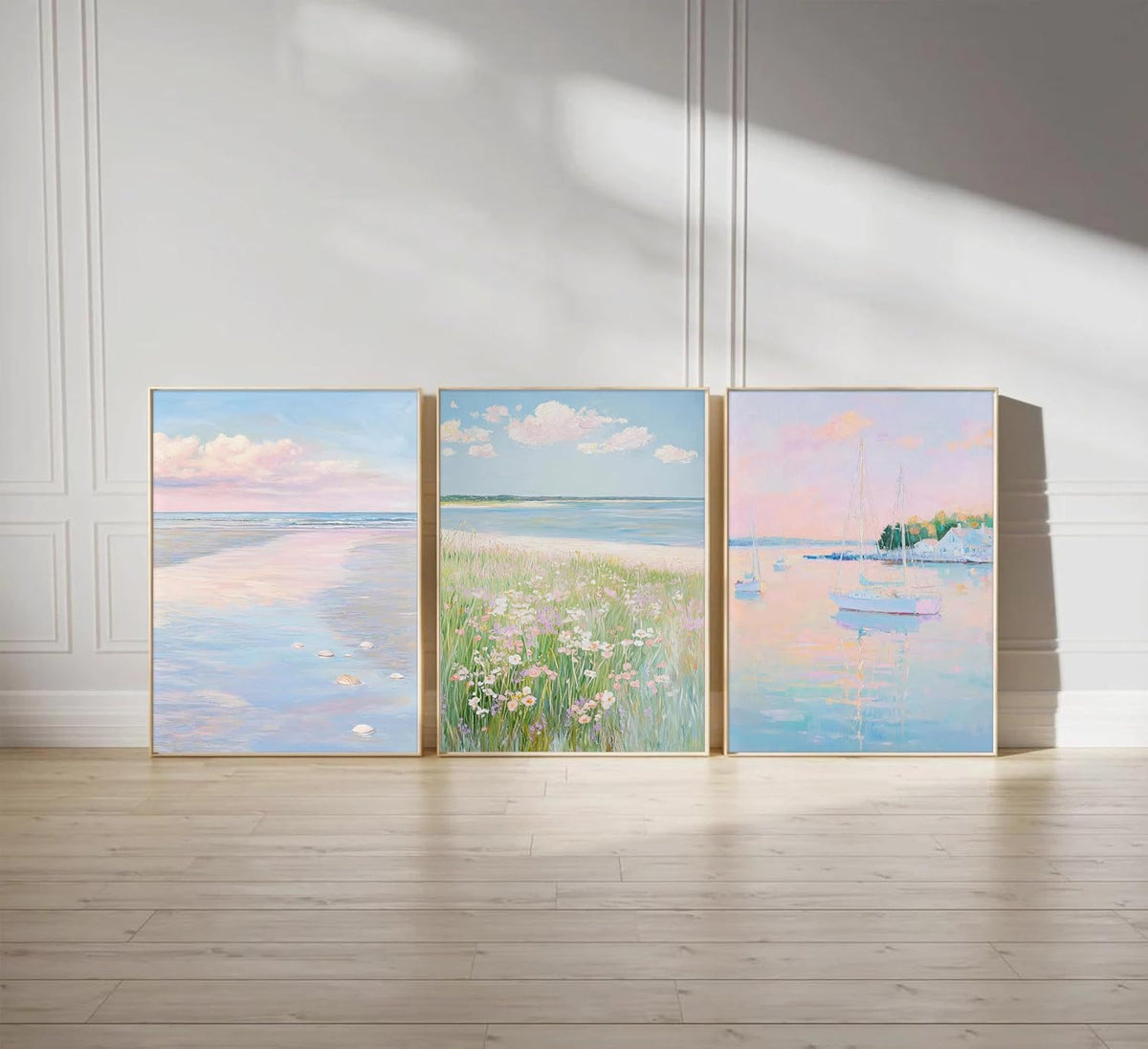 3Pcs Pink Beach Wall Art Pastel Coastal Canvas Wall Decor White sailboat Pictures Preppy Summer Beachy Posters Ocean Wildflowers Painting Print Artwork for Beach House Bedroom Dorm Apartment,Unframed