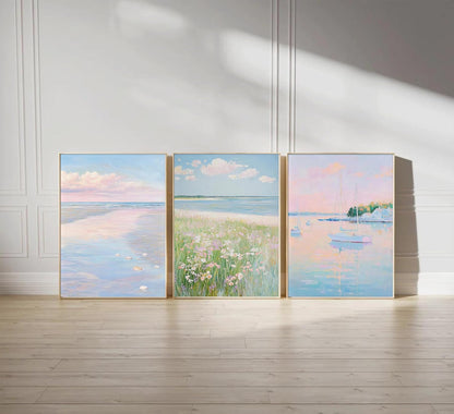 3Pcs Pink Beach Wall Art Pastel Coastal Canvas Wall Decor White sailboat Pictures Preppy Summer Beachy Posters Ocean Wildflowers Painting Print Artwork for Beach House Bedroom Dorm Apartment,Unframed