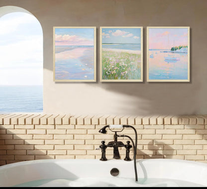 3Pcs Pink Beach Wall Art Pastel Coastal Canvas Wall Decor White sailboat Pictures Preppy Summer Beachy Posters Ocean Wildflowers Painting Print Artwork for Beach House Bedroom Dorm Apartment,Unframed