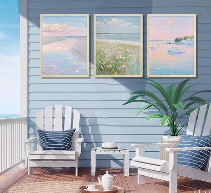 3Pcs Pink Beach Wall Art Pastel Coastal Canvas Wall Decor White sailboat Pictures Preppy Summer Beachy Posters Ocean Wildflowers Painting Print Artwork for Beach House Bedroom Dorm Apartment,Unframed