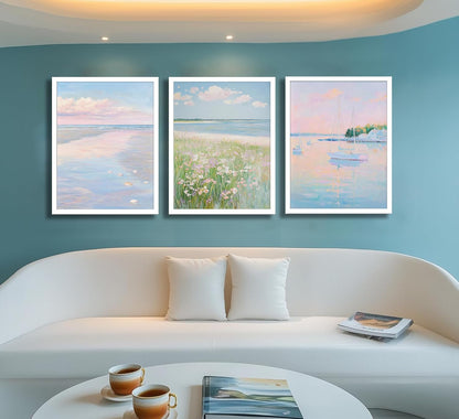 3Pcs Pink Beach Wall Art Pastel Coastal Canvas Wall Decor White sailboat Pictures Preppy Summer Beachy Posters Ocean Wildflowers Painting Print Artwork for Beach House Bedroom Dorm Apartment,Unframed