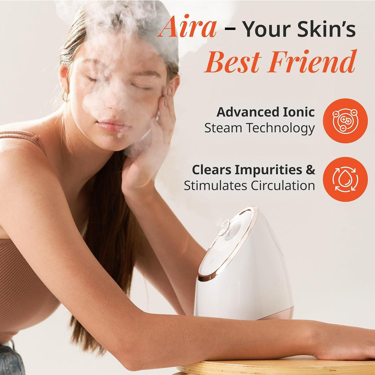 Aira Ionic Facial Steamer (Rose Gold) - Pore Cleaner that Detoxifies, Cleanses and Moisturizes - Adjustable Nozzle, Water Tank with 3 Essential Oil Baskets