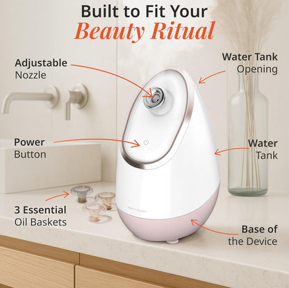 Aira Ionic Facial Steamer (Rose Gold) - Pore Cleaner that Detoxifies, Cleanses and Moisturizes - Adjustable Nozzle, Water Tank with 3 Essential Oil Baskets