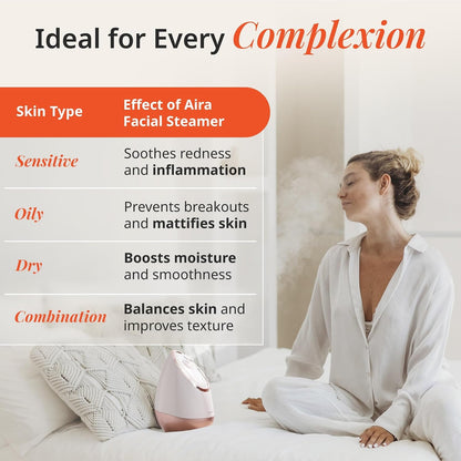 Aira Ionic Facial Steamer (Rose Gold) - Pore Cleaner that Detoxifies, Cleanses and Moisturizes - Adjustable Nozzle, Water Tank with 3 Essential Oil Baskets