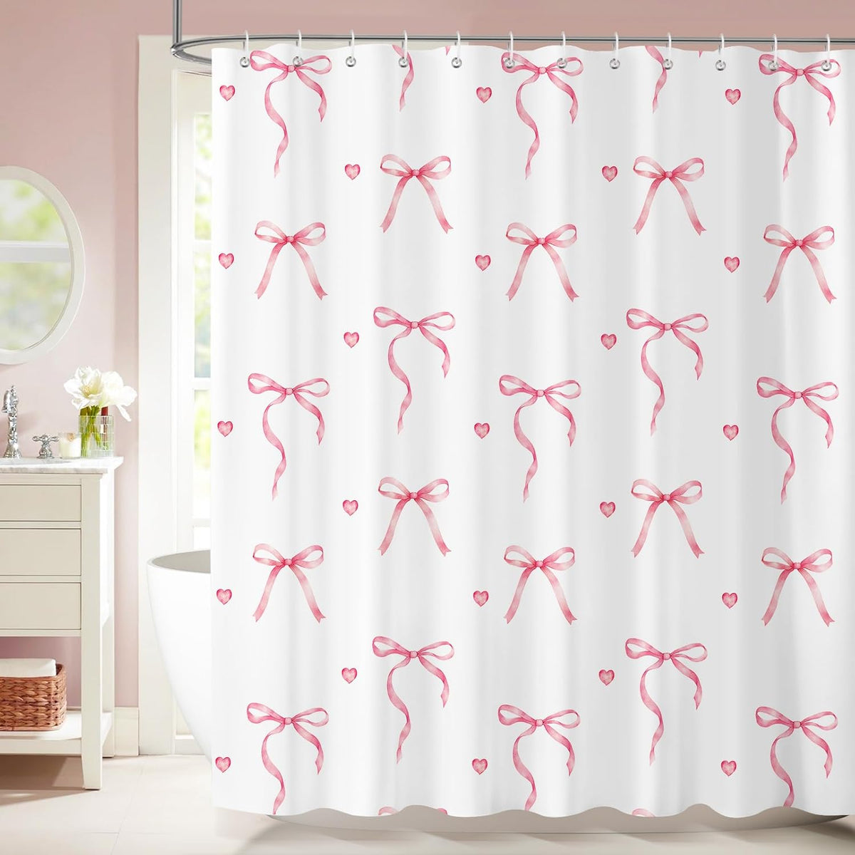 Pink Bow Shower Curtain with 12 Hooks, 72x72 in