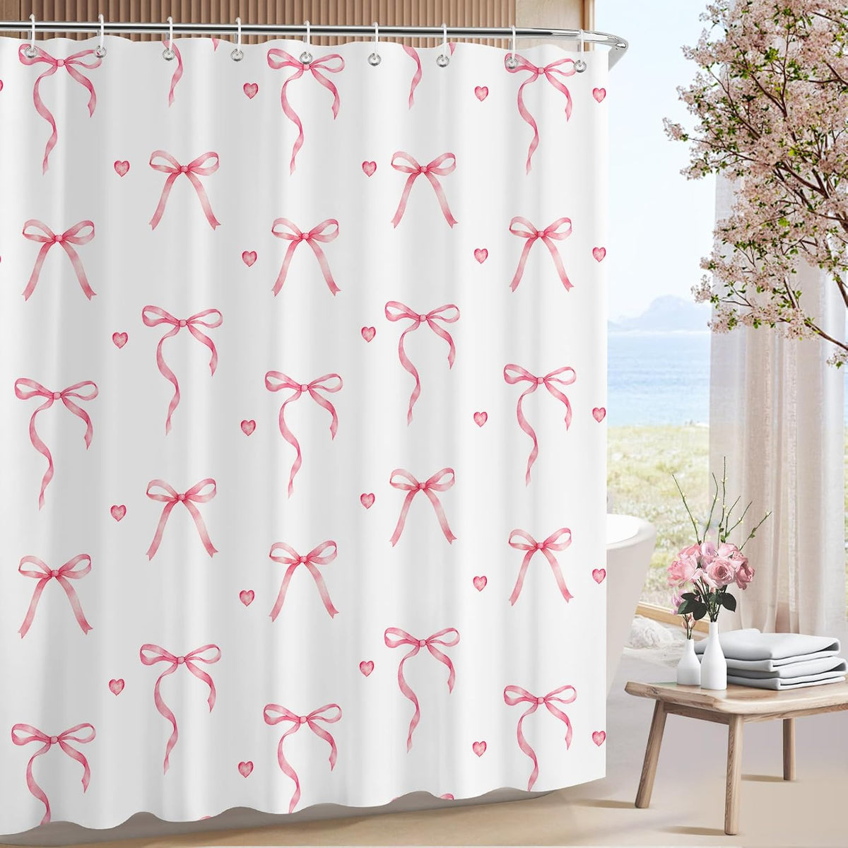 Pink Bow Shower Curtain with 12 Hooks, 72x72 in