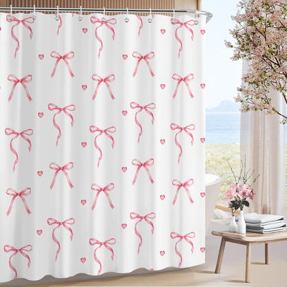 Pink Bow Shower Curtain with 12 Hooks, 72x72 in