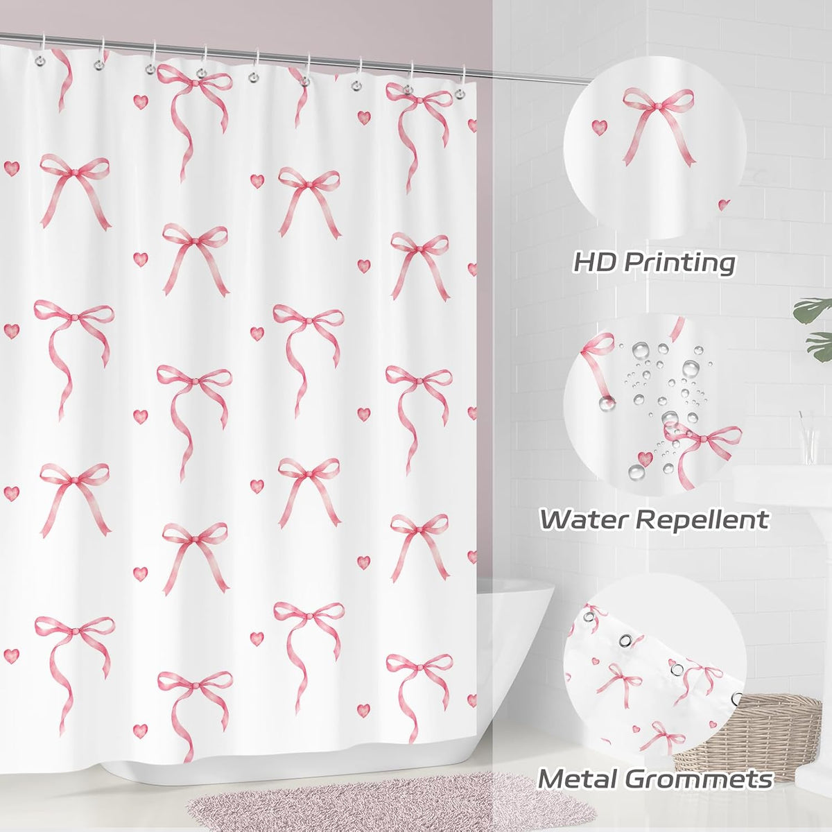Pink Bow Shower Curtain with 12 Hooks, 72x72 in