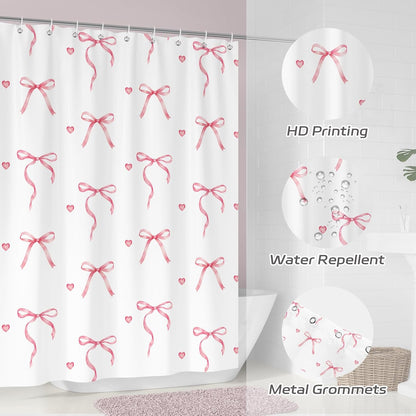 Pink Bow Shower Curtain with 12 Hooks, 72x72 in