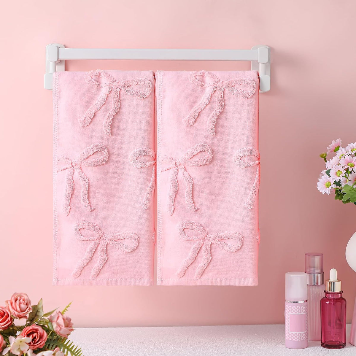 2 Pcs Pink Hand Towels for Bathroom Coquette Bow Decor, 100% Cotton