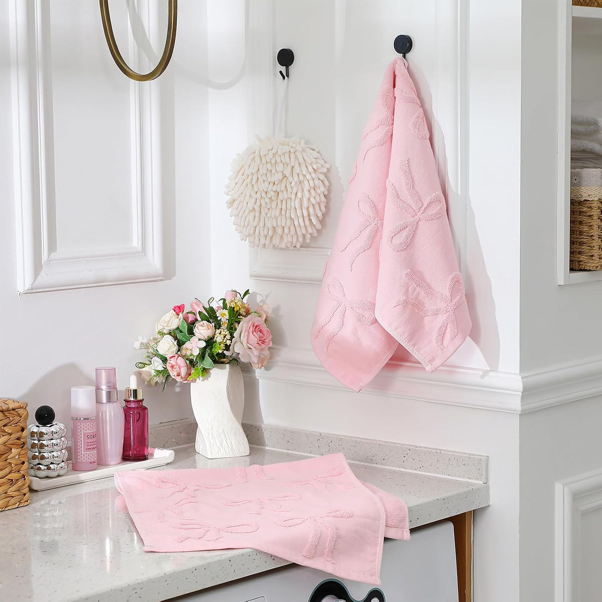 2 Pcs Pink Hand Towels for Bathroom Coquette Bow Decor, 100% Cotton