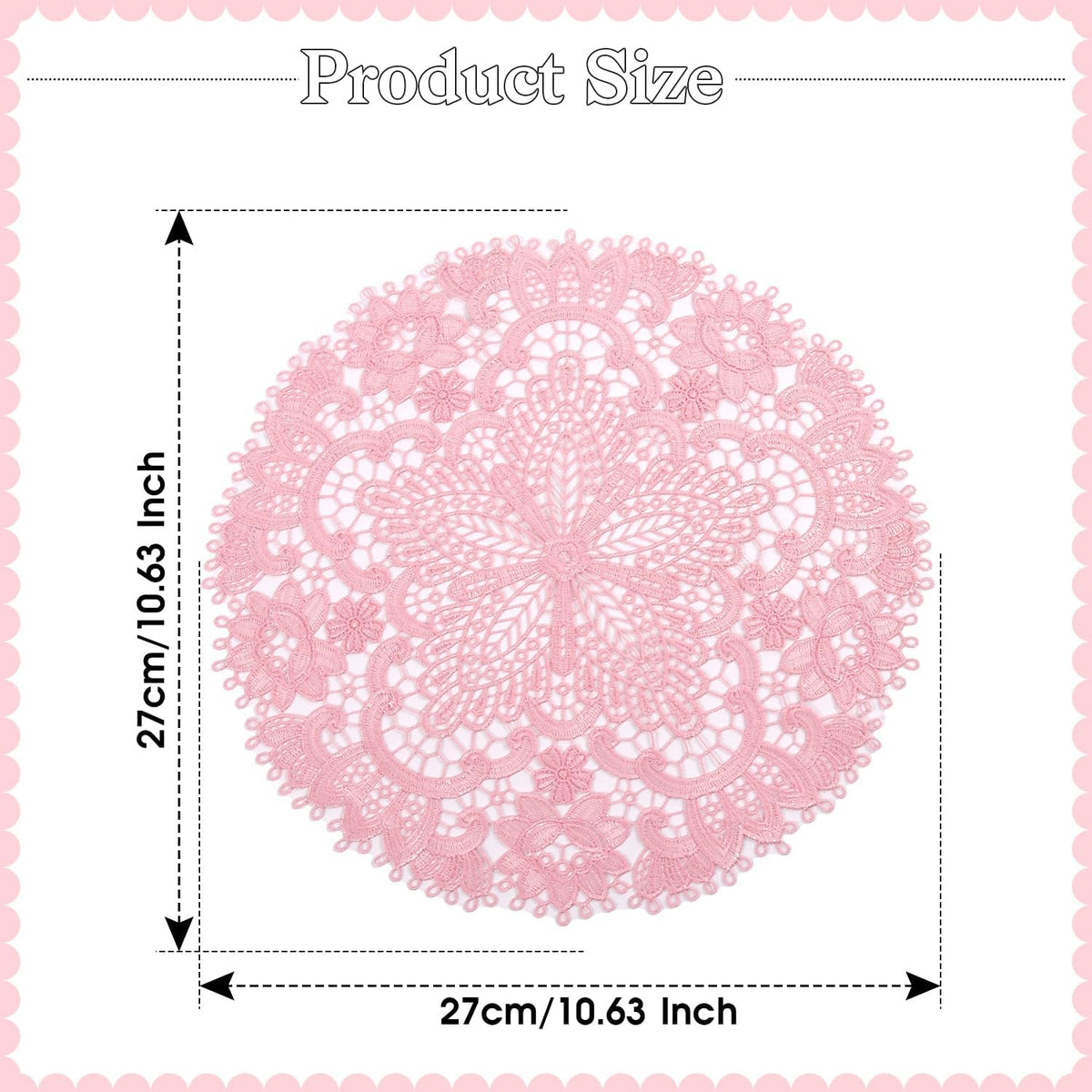 2 Pack Lace Placemats, 10.6 Inch Round Washable Embroidered Lace Doilies, Elegant Floral Table Mats for Dining Table, Home Decor, Wedding & Christmas Party(Bright Pink)