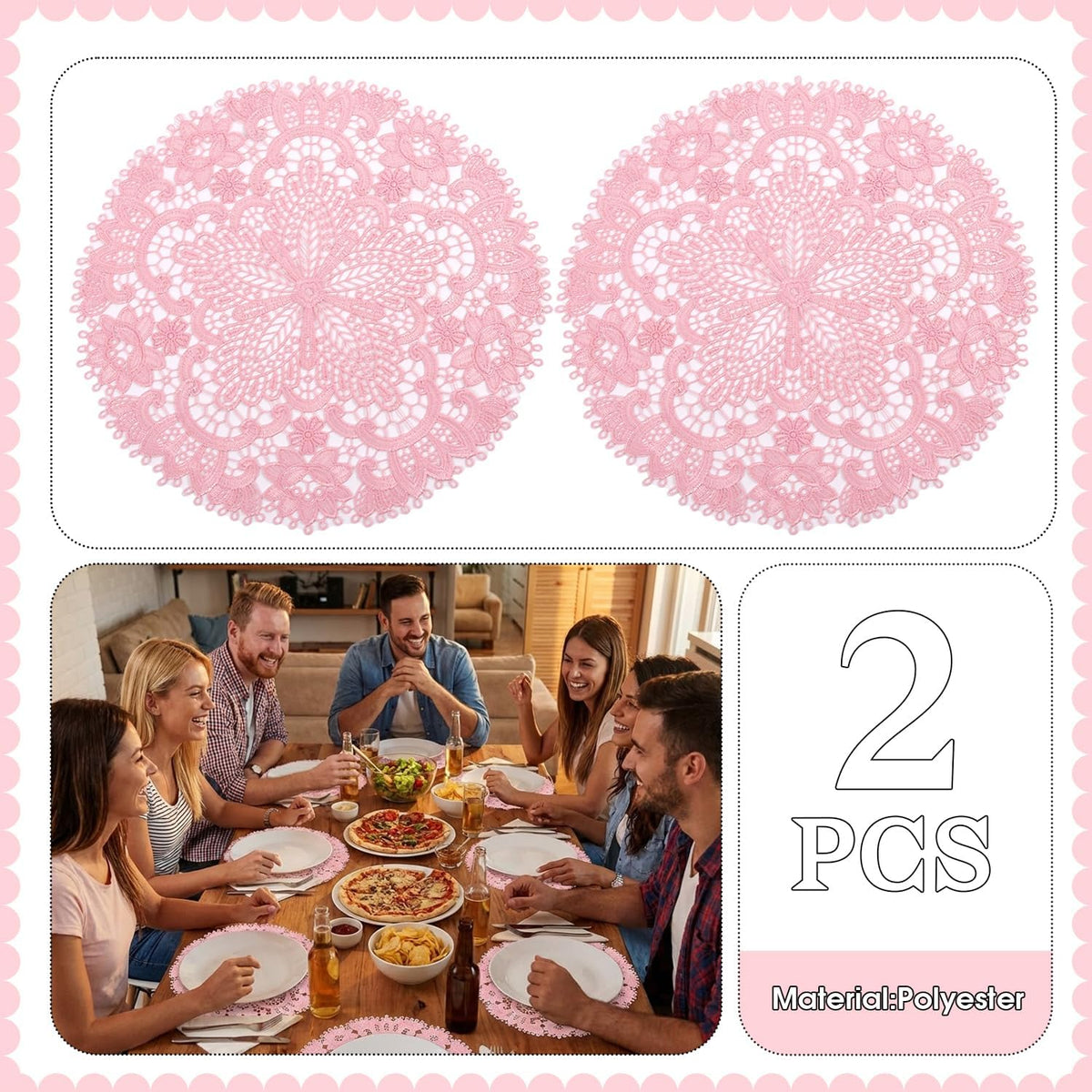 2 Pack Lace Placemats, 10.6 Inch Round Washable Embroidered Lace Doilies, Elegant Floral Table Mats for Dining Table, Home Decor, Wedding & Christmas Party(Bright Pink)