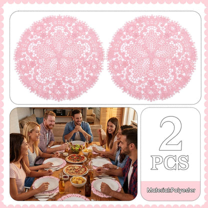 2 Pack Lace Placemats, 10.6 Inch Round Washable Embroidered Lace Doilies, Elegant Floral Table Mats for Dining Table, Home Decor, Wedding & Christmas Party(Bright Pink)
