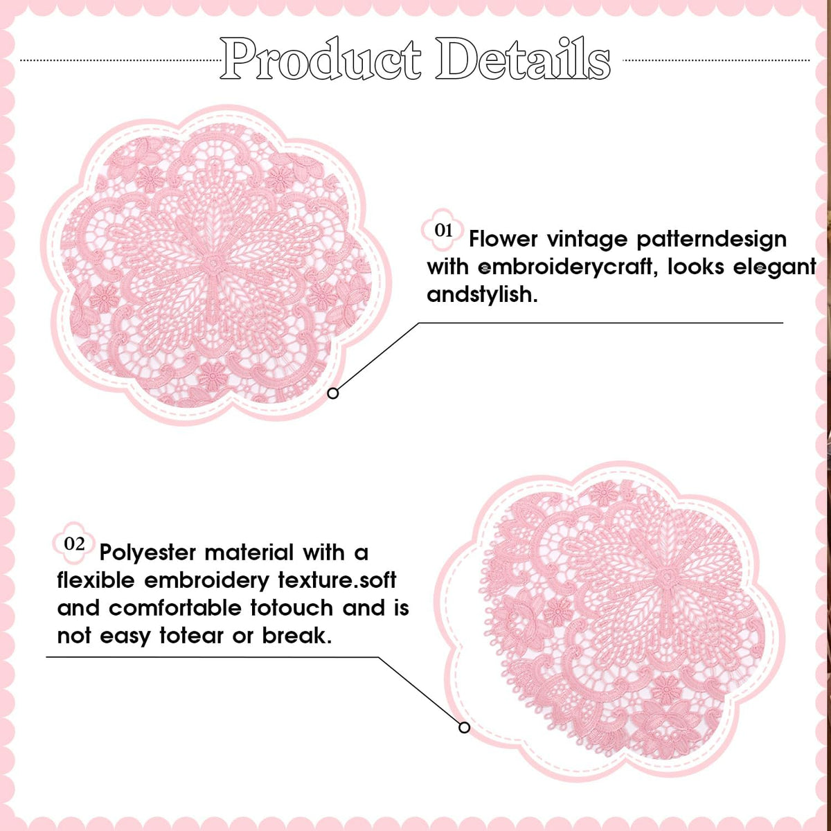 2 Pack Lace Placemats, 10.6 Inch Round Washable Embroidered Lace Doilies, Elegant Floral Table Mats for Dining Table, Home Decor, Wedding & Christmas Party(Bright Pink)