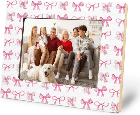 Pink Coquette Bow Picture Frame 5x7,Bridal Shower Gifts for Bride Photo Frame, Engagement Wedding Gifts for Her Wooden Picture Photo Frames for Desk Tabletop Wall Display Decoration