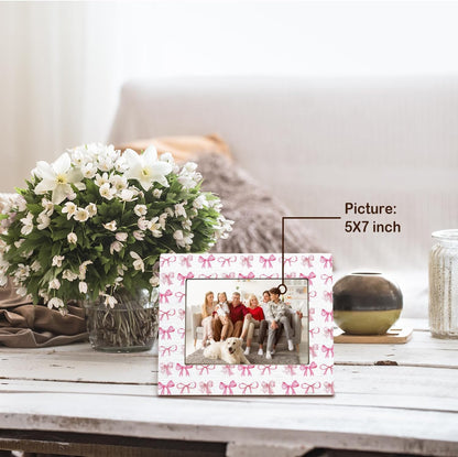 Pink Coquette Bow Picture Frame 5x7,Bridal Shower Gifts for Bride Photo Frame, Engagement Wedding Gifts for Her Wooden Picture Photo Frames for Desk Tabletop Wall Display Decoration