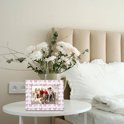 Pink Coquette Bow Picture Frame 5x7,Bridal Shower Gifts for Bride Photo Frame, Engagement Wedding Gifts for Her Wooden Picture Photo Frames for Desk Tabletop Wall Display Decoration